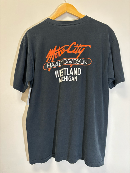 Harley Davidson Motor City Button Tee Black Size XL Vintage